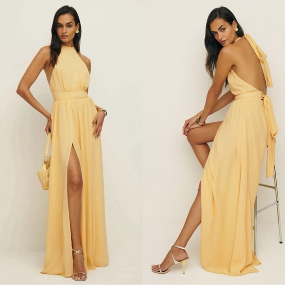 Reformation Andee Halterneck Open Back Sunshine Yellow Maxi Dress Size 4 - Picture 3 of 9